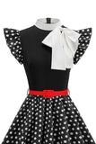 Robe des années 1950 à pois noirs à col montant A Line avec nœud