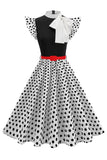 Robe des années 1950 à pois noirs à col montant A Line avec nœud
