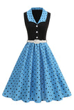 Robe bleue A Line Châle à pois des années 1950
