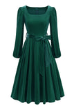 Robe des années 1950 à manches longues vert foncé A Line avec ceinture