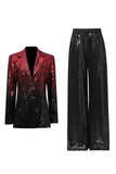 Costumes de bal pour femmes en deux pièces noirs rouges à simple poitrine et boutons à revers scintillants