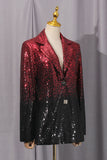 Costumes de bal pour femmes en deux pièces noirs rouges à simple poitrine et boutons à revers scintillants