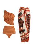 Maillot de bain orange froncé à une épaule trois pièces avec robe de plage