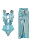 Maillot de bain bleu métallique à col en V 2 pièces perlés avec robe de plage