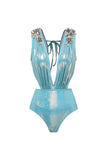 Maillot de bain bleu métallique à col en V 2 pièces perlés avec robe de plage