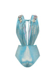 Maillot de bain bleu métallique à col en V 2 pièces perlés avec robe de plage