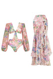 Maillot de bain à volants à deux pièces à manches longues à fleurs roses, à manches longues découpées et robe de plage