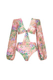 Maillot de bain à volants à deux pièces à manches longues à fleurs roses, à manches longues découpées et robe de plage