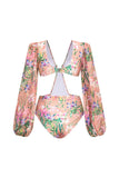 Maillot de bain à volants à deux pièces à manches longues à fleurs roses, à manches longues découpées et robe de plage