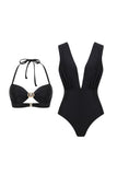 Maillot de bain noir décapotable 3 pièces à dos nu avec couverture