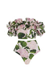 Maillot de bain 3 pièces à volants verts rose fleur à volants dénudés avec couverture