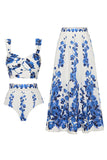 Ensemble de maillots de bain floraux blancs bleus à imprimé 3 pièces avec robe de plage