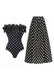Maillot de bain noir White Dots 2 pièces bretelles sans bretelles à volants avec jupe de couverture
