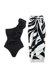 Maillot de bain noir 2 pièces à volants à une épaule avec robe de couverture