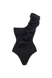 Maillot de bain noir 2 pièces à volants à une épaule avec robe de couverture