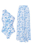 Maillot de bain à deux pièces à motif de fleurs blanches bleues à une épaule avec robe de plage