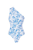 Maillot de bain à deux pièces à motif de fleurs blanches bleues à une épaule avec robe de plage
