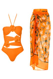 Maillot de bain orange en 3D découpé en 2 pièces avec robe de plage