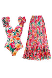 Maillot de bain à volants en deux pièces fleur rouge avec couverture