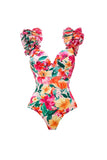 Maillot de bain à volants en deux pièces fleur rouge avec couverture