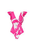 Maillot de bain en fuchsia à décolleté en V à imprimé 2 pièces avec couverture