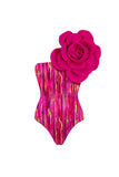 Maillot de bain 2 pièces fleur fuchsia 3D à une épaule avec robe de plage