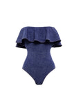 Maillot de bain rayé bleu marine découvert à épaules 2 pièces avec couverture