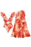 Maillot de bain orange à volants 2 pièces à col en V avec robe de plage