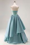 Corset perlé turquoise Strapless Une longue robe de bal en satin