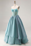 Corset perlé turquoise Strapless Une longue robe de bal en satin