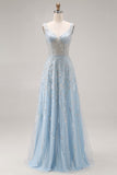 Robe de soirée de promo longue bleu clair pailletée et perlée ligne A