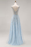 Robe de soirée de promo longue bleu clair pailletée et perlée ligne A