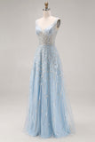 Robe de soirée de promo longue bleu clair pailletée et perlée ligne A
