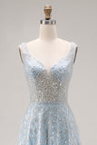 Robe de soirée de promo longue bleu clair pailletée et perlée ligne A
