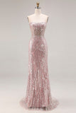 Robe de bal longue de bal étui rose clair rose pâlit et scintillante avec sequins