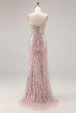 Robe de bal longue de bal étui rose clair rose pâlit et scintillante avec sequins