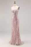 Robe de bal longue de bal étui rose clair rose pâlit et scintillante avec sequins