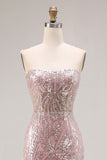 Robe de bal longue de bal étui rose clair rose pâlit et scintillante avec sequins