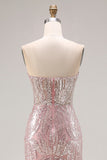 Robe de bal longue de bal étui rose clair rose pâlit et scintillante avec sequins