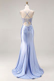 Corset de satin perlé bleu poussiéreux avec longue robe de bal avec fente