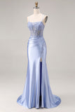 Corset de satin perlé bleu poussiéreux avec longue robe de bal avec fente
