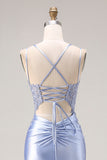 Corset de satin perlé bleu poussiéreux avec longue robe de bal avec fente