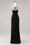 Robe formelle longue à bretelles fines en satin à fourreau noir avec fente