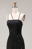 Robe formelle longue à bretelles fines en satin à fourreau noir avec fente