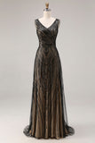 Robe de soirée longue noire scintillante col V perlée et pailletée