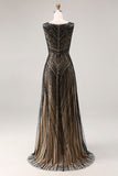 Robe de soirée longue noire scintillante col V perlée et pailletée