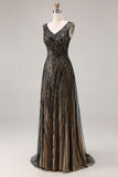 Robe de soirée longue noire scintillante col V perlée et pailletée