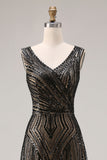 Robe de soirée longue noire scintillante col V perlée et pailletée