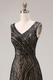 Robe de soirée longue noire scintillante col V perlée et pailletée