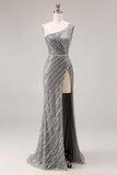 Robe de bal longue de bal argentée argentée à paillettes et sirène à une épaule avec fente